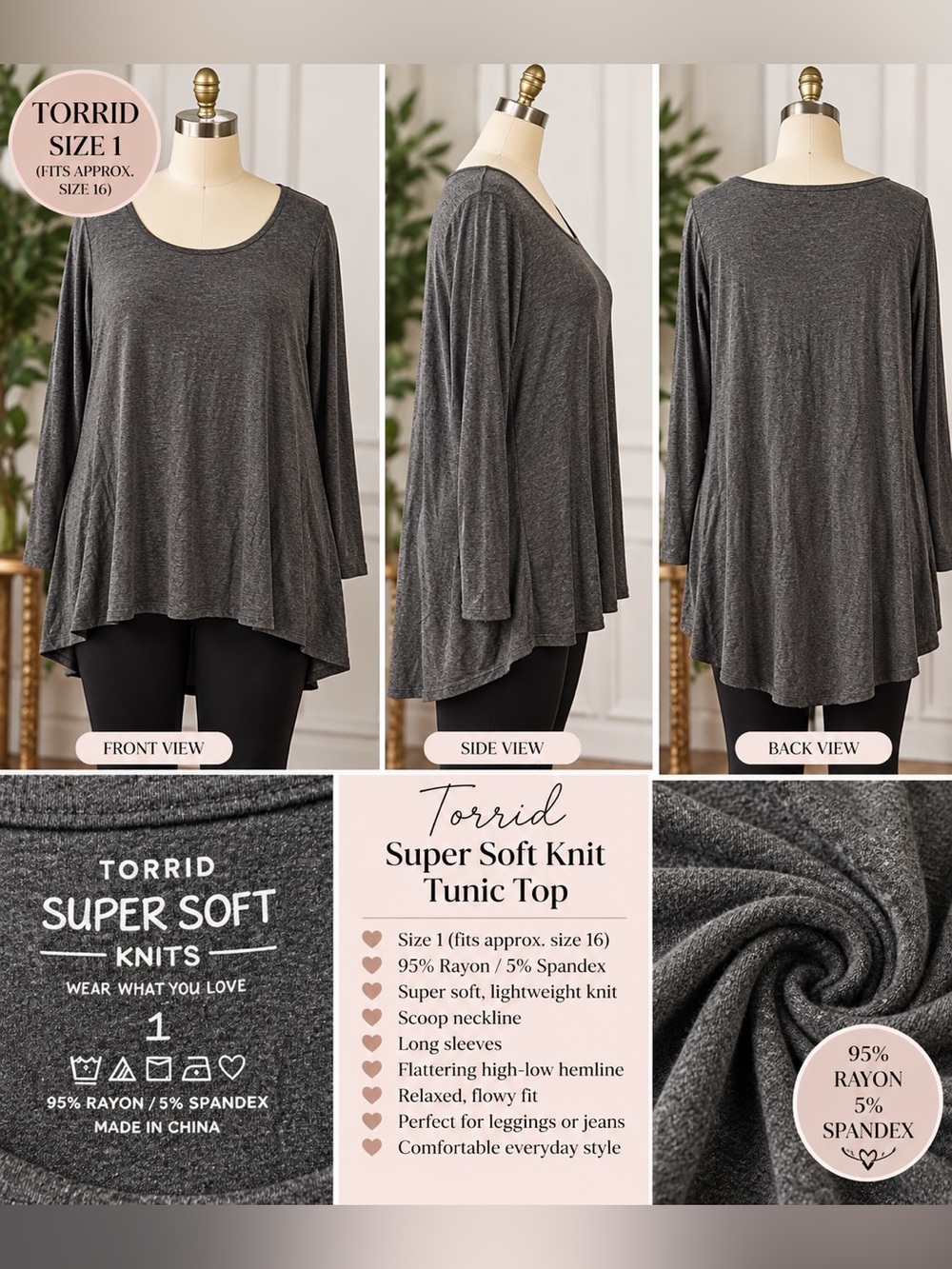 torrid Charcoal Gray Flowy Scoop Neck Tunic Top